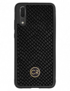 Etui premium skórzane, case na smartfon HUAWEI P20. Skóra iguana czarna ze złotą blaszką.