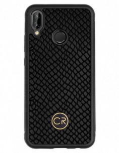 Etui premium skórzane, case na smartfon HUAWEI P20 LITE. Skóra iguana czarna ze złotą blaszką.