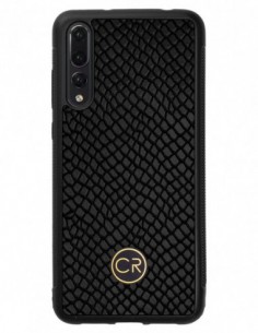 Etui premium skórzane, case na smartfon HUAWEI P20 PRO. Skóra iguana czarna ze złotą blaszką.