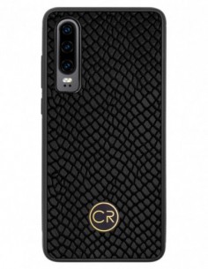 Etui premium skórzane, case na smartfon HUAWEI P30. Skóra iguana czarna ze złotą blaszką.
