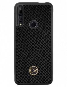 Etui premium skórzane, case na smartfon HUAWEI Y9 PRIME 2019. Skóra iguana czarna ze złotą blaszką.