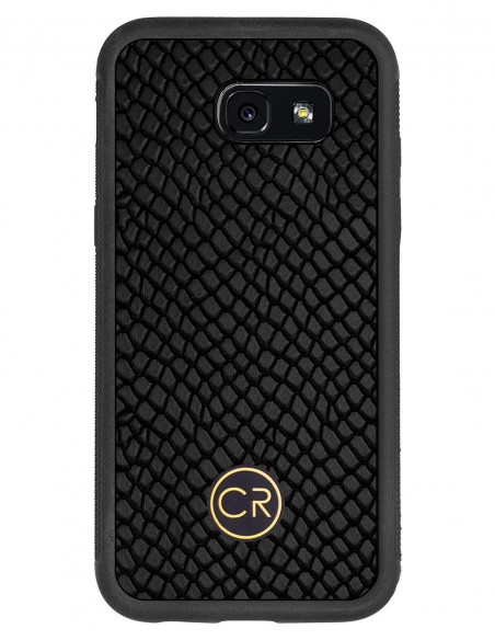 Etui premium skórzane, case na smartfon SAMSUNG GALAXY A5 2017. Skóra iguana czarna ze złotą blaszką.