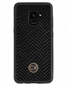 Etui premium skórzane, case na smartfon SAMSUNG GALAXY A5 2018. Skóra iguana czarna ze złotą blaszką.