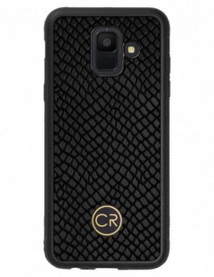 Etui premium skórzane, case na smartfon SAMSUNG GALAXY A6. Skóra iguana czarna ze złotą blaszką.