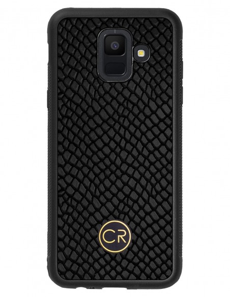 Etui premium skórzane, case na smartfon SAMSUNG GALAXY A6. Skóra iguana czarna ze złotą blaszką. Etui premium skórzane, case na smartfon SAMSUNG GALAXY A6. Skóra iguana czarna ze złotą blaszką.