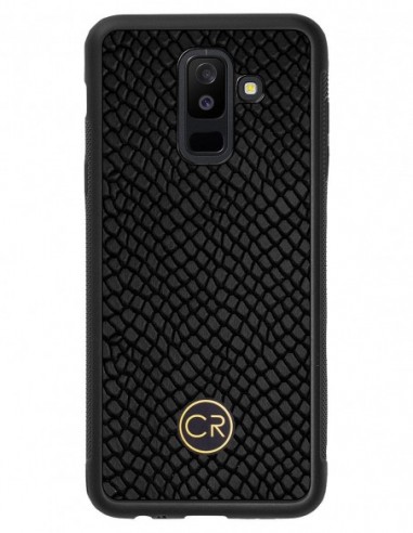 Etui premium skórzane, case na smartfon SAMSUNG GALAXY A6 PLUS. Skóra iguana czarna ze złotą blaszką.