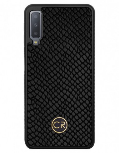 Etui premium skórzane, case na smartfon SAMSUNG GALAXY A7 2018. Skóra iguana czarna ze złotą blaszką.