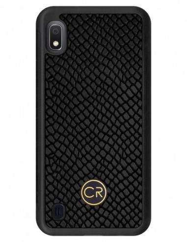 Etui premium skórzane, case na smartfon SAMSUNG GALAXY A10. Skóra iguana czarna ze złotą blaszką.