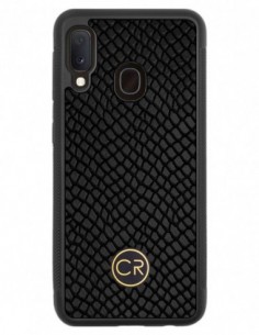 Etui premium skórzane, case na smartfon SAMSUNG GALAXY A20E. Skóra iguana czarna ze złotą blaszką.