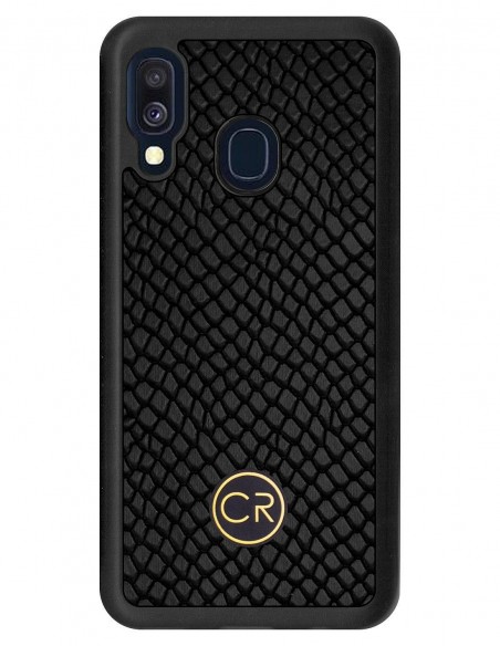 Etui premium skórzane, case na smartfon SAMSUNG GALAXY A40. Skóra iguana czarna ze złotą blaszką.