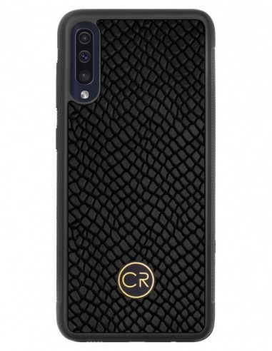 Etui premium skórzane, case na smartfon SAMSUNG GALAXY A50. Skóra iguana czarna ze złotą blaszką.