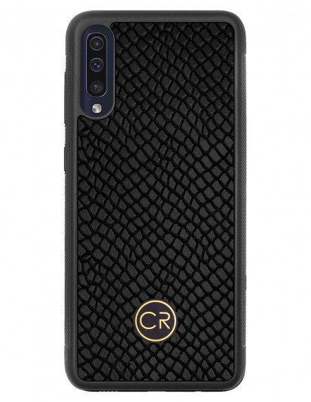 Etui premium skórzane, case na smartfon SAMSUNG GALAXY A50. Skóra iguana czarna ze złotą blaszką.