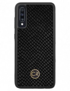 Etui premium skórzane, case na smartfon SAMSUNG GALAXY A70. Skóra iguana czarna ze złotą blaszką.