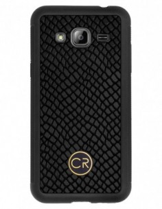 Etui premium skórzane, case na smartfon SAMSUNG GALAXY J3 2016. Skóra iguana czarna ze złotą blaszką.