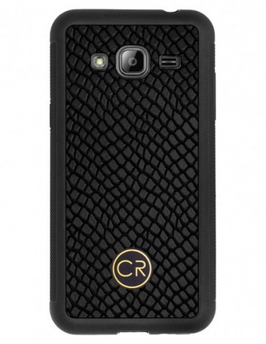 Etui premium skórzane, case na smartfon SAMSUNG GALAXY J3 2016. Skóra iguana czarna ze złotą blaszką.