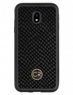 Etui premium skórzane, case na smartfon SAMSUNG GALAXY J3 2017. Skóra iguana czarna ze złotą blaszką.