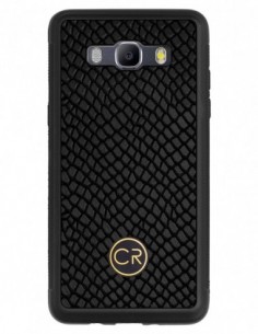 Etui premium skórzane, case na smartfon SAMSUNG GALAXY J5 2016. Skóra iguana czarna ze złotą blaszką.