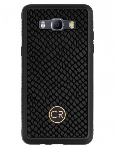 Etui premium skórzane, case na smartfon SAMSUNG GALAXY J5 2016. Skóra iguana czarna ze złotą blaszką.