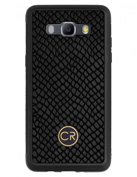 Etui premium skórzane, case na smartfon SAMSUNG GALAXY J5 2016. Skóra iguana czarna ze złotą blaszką.