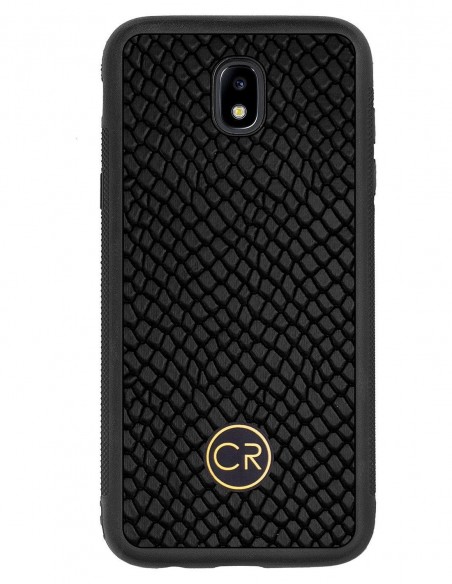 Etui premium skórzane, case na smartfon SAMSUNG GALAXY J5 2017. Skóra iguana czarna ze złotą blaszką.