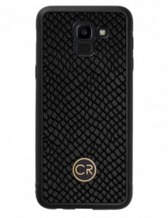 Etui premium skórzane, case na smartfon SAMSUNG GALAXY J6 2018. Skóra iguana czarna ze złotą blaszką.