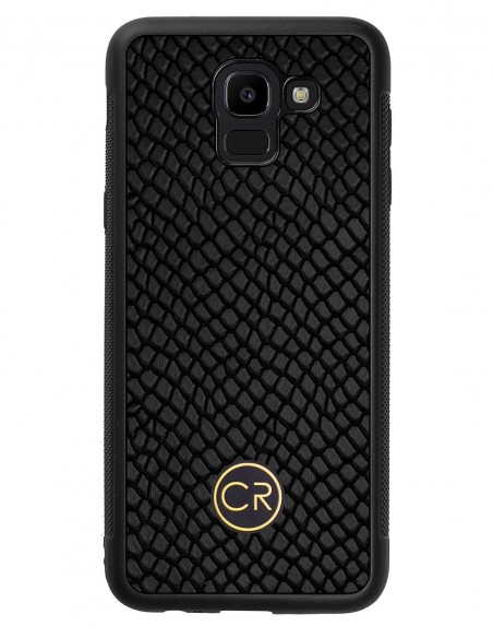 Etui premium skórzane, case na smartfon SAMSUNG GALAXY J6 2018. Skóra iguana czarna ze złotą blaszką. Etui premium skórzane, case na smartfon SAMSUNG GALAXY J6 2018. Skóra iguana czarna ze złotą blaszką.