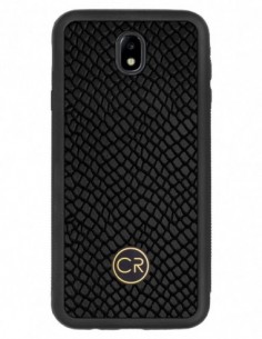 Etui premium skórzane, case na smartfon SAMSUNG GALAXY J7 2017. Skóra iguana czarna ze złotą blaszką.