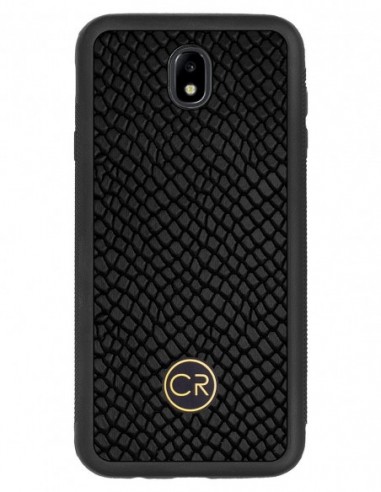 Etui premium skórzane, case na smartfon SAMSUNG GALAXY J7 2017. Skóra iguana czarna ze złotą blaszką.