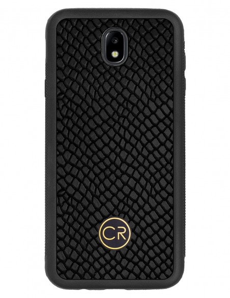 Etui premium skórzane, case na smartfon SAMSUNG GALAXY J7 2017. Skóra iguana czarna ze złotą blaszką.