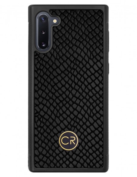Etui premium skórzane, case na smartfon SAMSUNG GALAXY NOTE 10. Skóra iguana czarna ze złotą blaszką. Etui premium skórzane, case na smartfon SAMSUNG GALAXY NOTE 10. Skóra iguana czarna ze złotą blaszką.