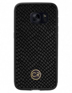 Etui premium skórzane, case na smartfon SAMSUNG GALAXY S7. Skóra iguana czarna ze złotą blaszką.