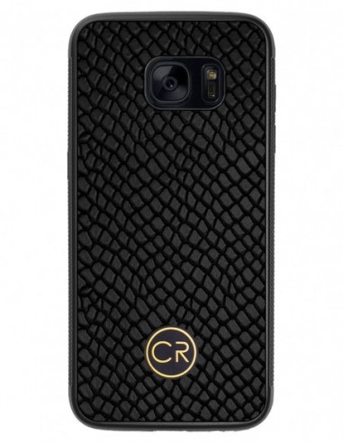 Etui premium skórzane, case na smartfon SAMSUNG GALAXY S7 EDGE. Skóra iguana czarna ze złotą blaszką.