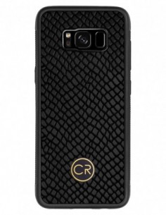 Etui premium skórzane, case na smartfon SAMSUNG GALAXY S8. Skóra iguana czarna ze złotą blaszką.