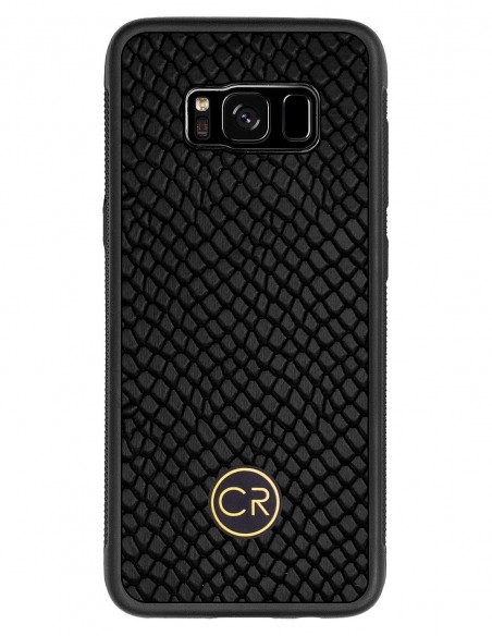 Etui premium skórzane, case na smartfon SAMSUNG GALAXY S8. Skóra iguana czarna ze złotą blaszką.