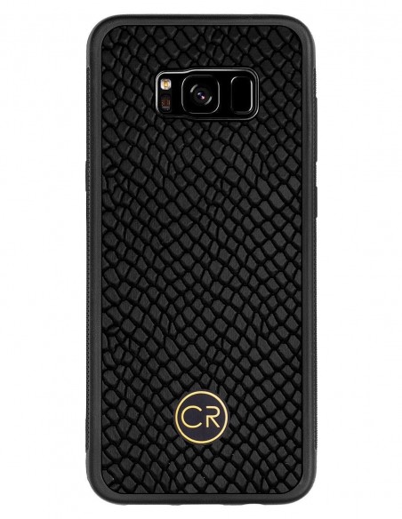 Etui premium skórzane, case na smartfon SAMSUNG GALAXY S8 PLUS. Skóra iguana czarna ze złotą blaszką.
