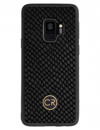 Etui premium skórzane, case na smartfon SAMSUNG GALAXY S9. Skóra iguana czarna ze złotą blaszką.