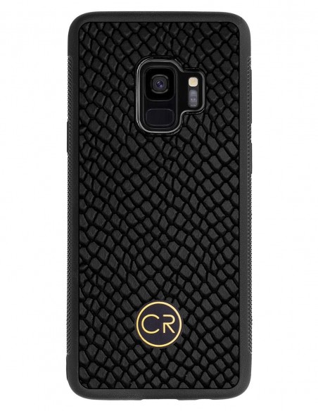 Etui premium skórzane, case na smartfon SAMSUNG GALAXY S9. Skóra iguana czarna ze złotą blaszką.
