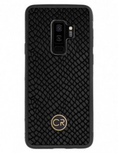 Etui premium skórzane, case na smartfon SAMSUNG GALAXY S9 PLUS. Skóra iguana czarna ze złotą blaszką.