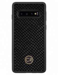 Etui premium skórzane, case na smartfon SAMSUNG GALAXY S10. Skóra iguana czarna ze złotą blaszką.