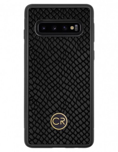 Etui premium skórzane, case na smartfon SAMSUNG GALAXY S10. Skóra iguana czarna ze złotą blaszką.