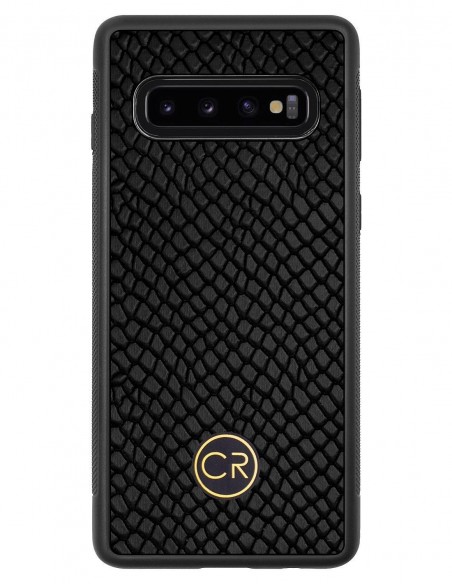 Etui premium skórzane, case na smartfon SAMSUNG GALAXY S10. Skóra iguana czarna ze złotą blaszką.