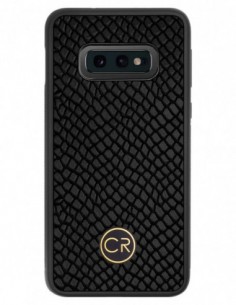Etui premium skórzane, case na smartfon SAMSUNG GALAXY S10E. Skóra iguana czarna ze złotą blaszką.