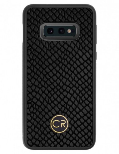 Etui premium skórzane, case na smartfon SAMSUNG GALAXY S10E. Skóra iguana czarna ze złotą blaszką.