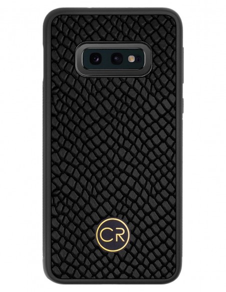 Etui premium skórzane, case na smartfon SAMSUNG GALAXY S10E. Skóra iguana czarna ze złotą blaszką.