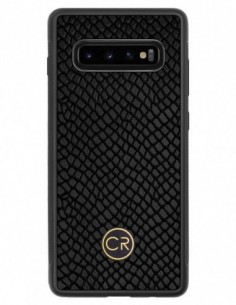 Etui premium skórzane, case na smartfon SAMSUNG GALAXY S10 PLUS. Skóra iguana czarna ze złotą blaszką.