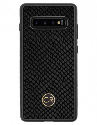 Etui premium skórzane, case na smartfon SAMSUNG GALAXY S10 PLUS. Skóra iguana czarna ze złotą blaszką.