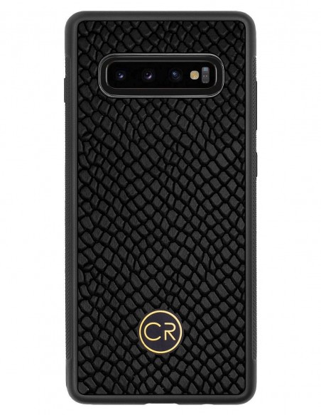 Etui premium skórzane, case na smartfon SAMSUNG GALAXY S10 PLUS. Skóra iguana czarna ze złotą blaszką.