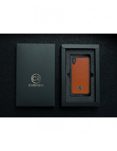 Etui premium skórzane, case na smartfon APPLE iPhone XR. Skóra floater ruda ze złotą blaszką.