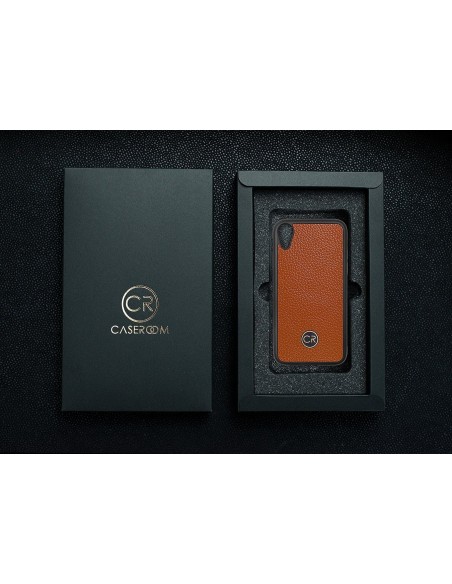 Etui premium skórzane, case na smartfon APPLE iPhone XR. Skóra floater ruda ze złotą blaszką.