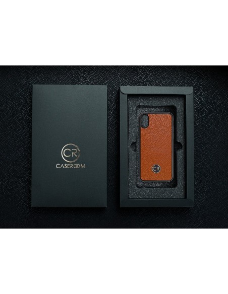 Etui premium skórzane, case na smartfon APPLE iPhone X. Skóra floater ruda ze złotą blaszką.